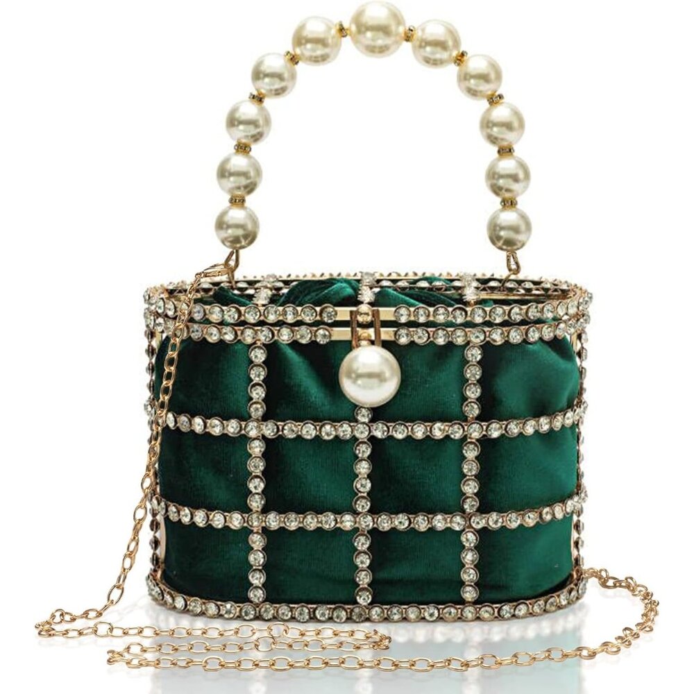 ⚡Women's Green Detachable Pearl Diamond Chain Soft Velvet Shoulder Clutch Bag